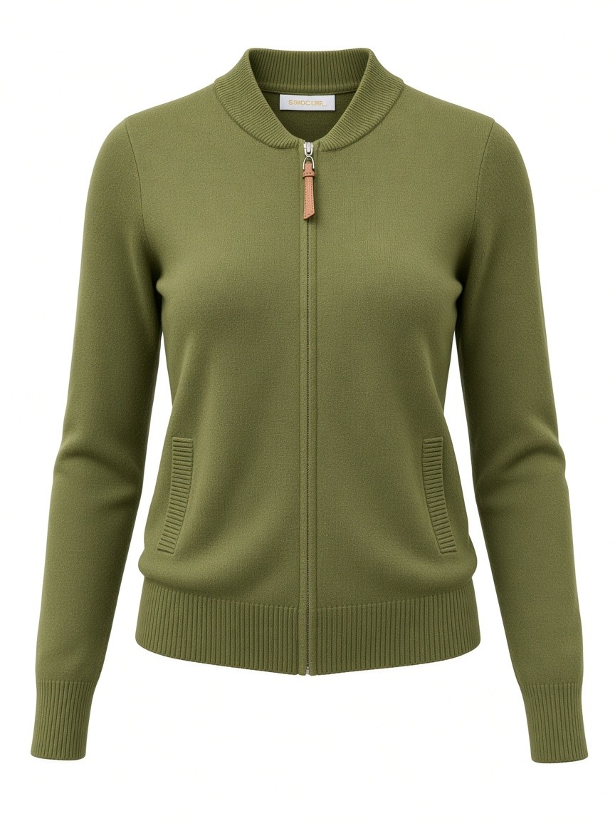 Dámsky sveter na zips s vreckami E-WOMAN Olivovozelený s.WEAR 1